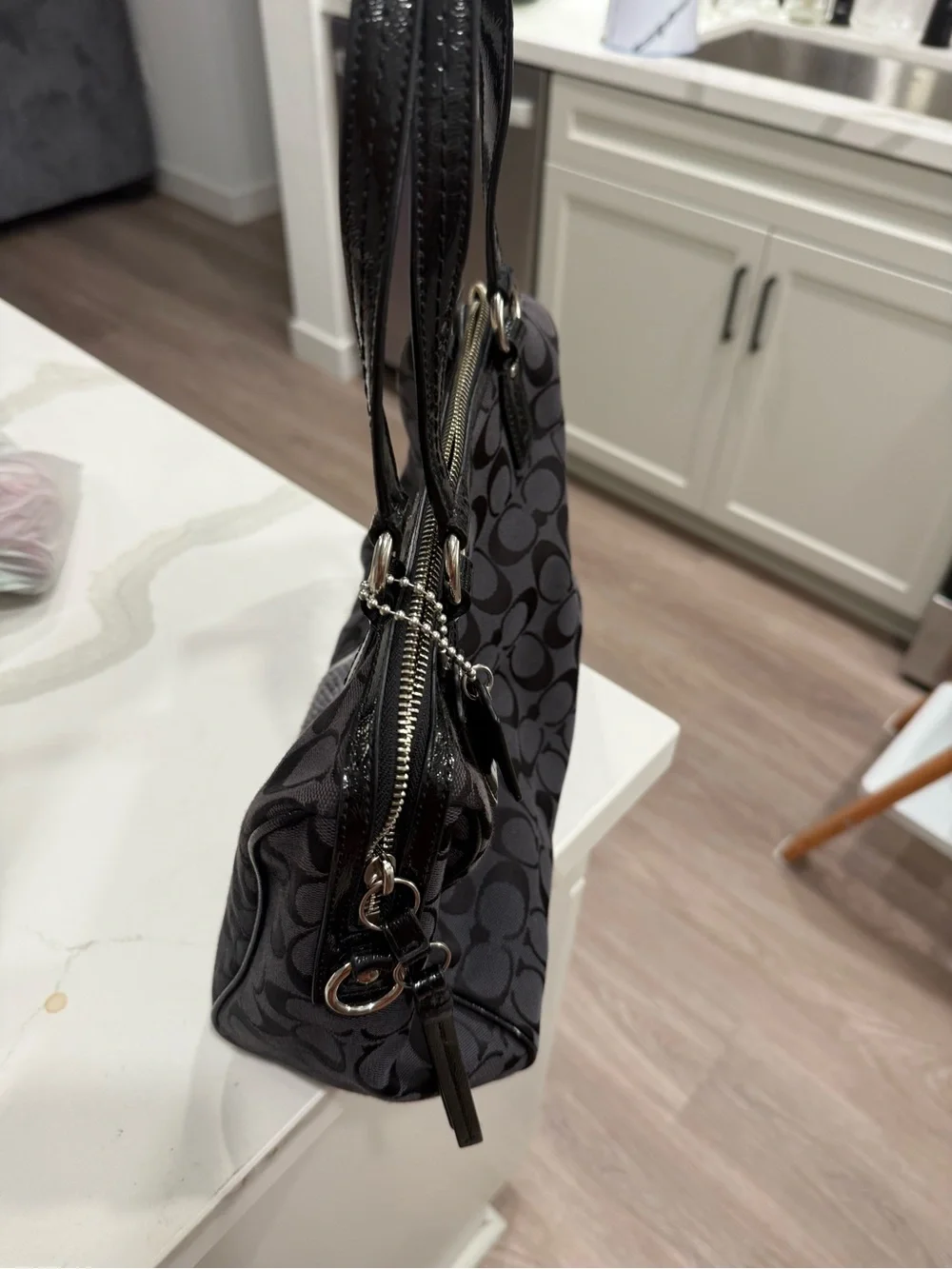 Coach Black Signature Tote with Leather Trim